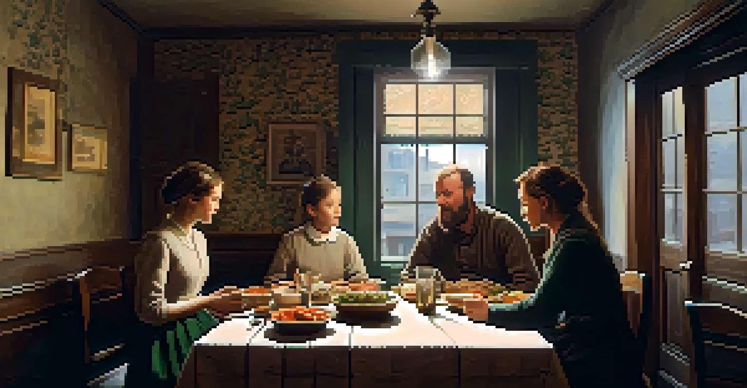 An Irish family sharing a meal of stew around a modest table in a dimly lit tenement apartment, showcasing warmth and resilience.