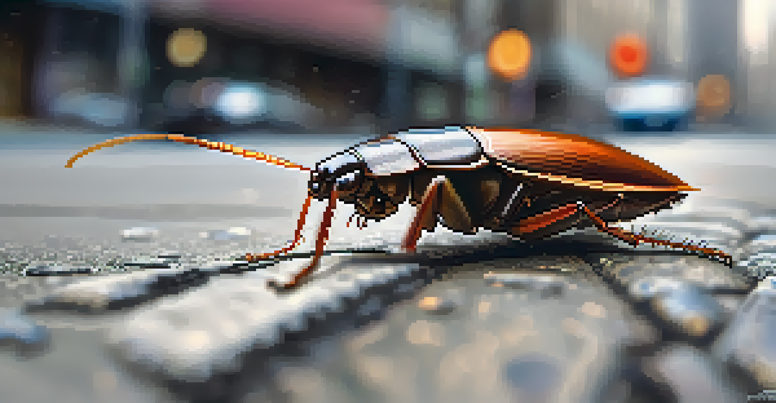 A detailed close-up image of a cockroach on a city sidewalk, showcasing its texture.
