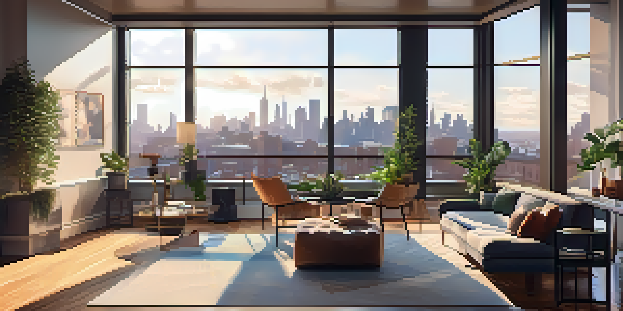 A spacious modern luxury apartment with large windows and a view of the city, featuring an open layout and a home office.