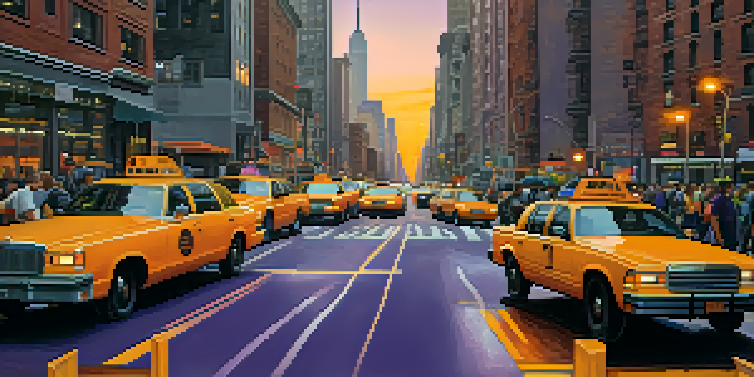A vibrant New York City skyline during sunset with iconic skyscrapers and busy streets filled with taxis and pedestrians.
