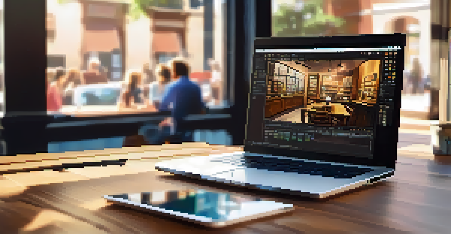 A cozy workspace featuring a laptop with coding on the screen, a coffee cup, and a notepad, with a busy coffee shop in the background.