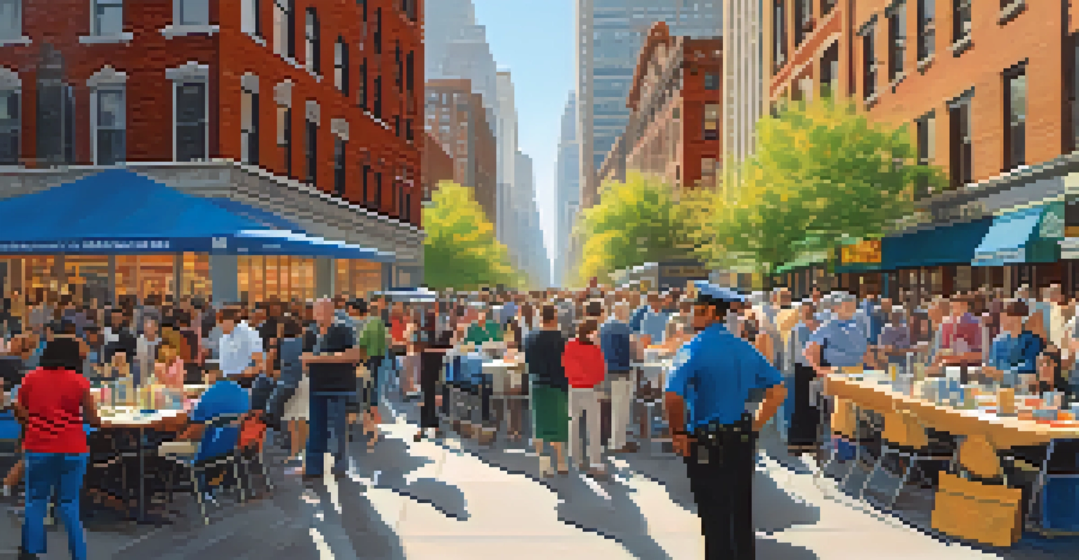 Residents participating in a public safety education workshop on a busy NYC street, surrounded by educational materials and iconic architecture.