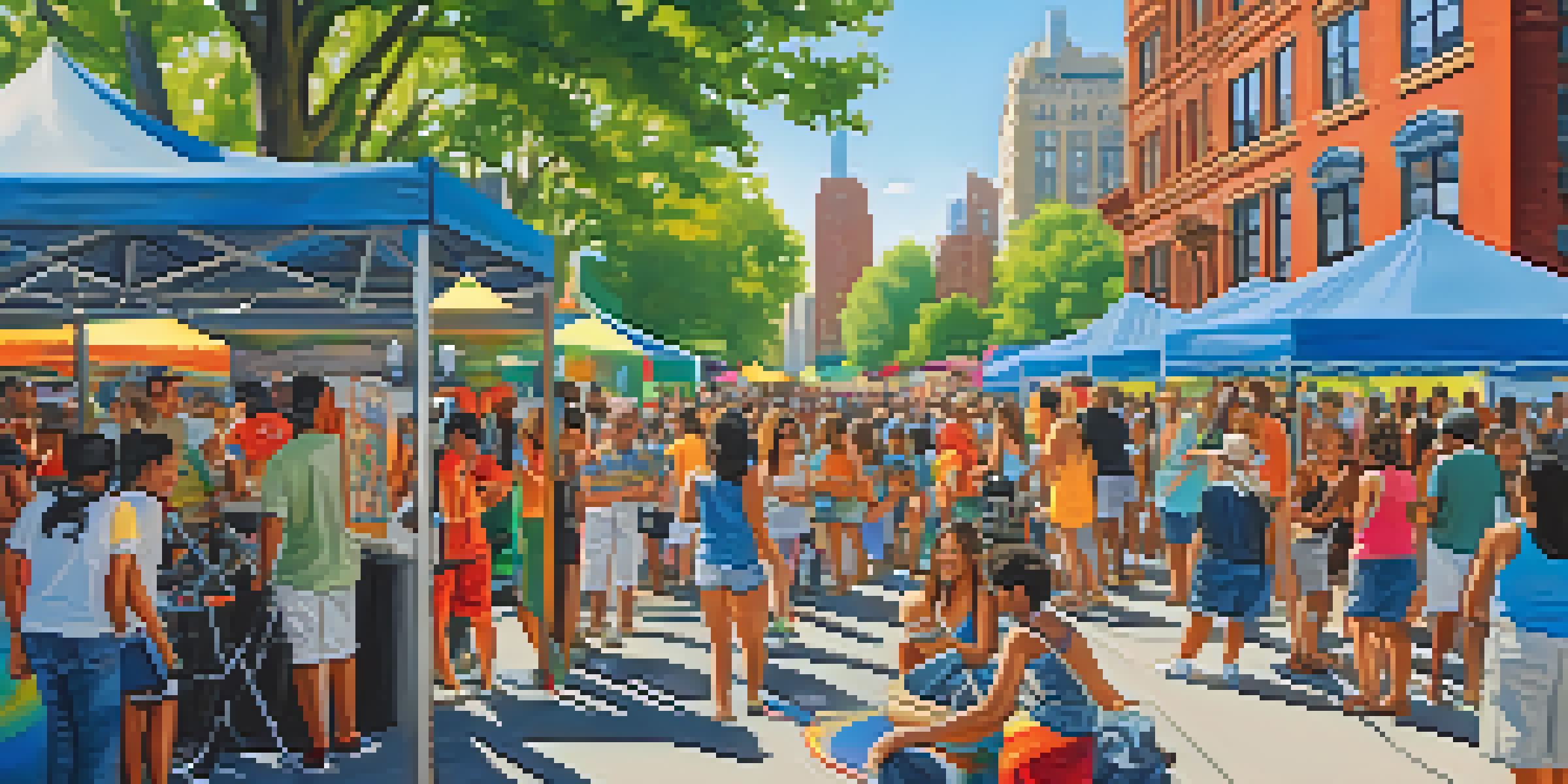 A lively community arts festival in a park with diverse people, colorful murals, and artists painting.