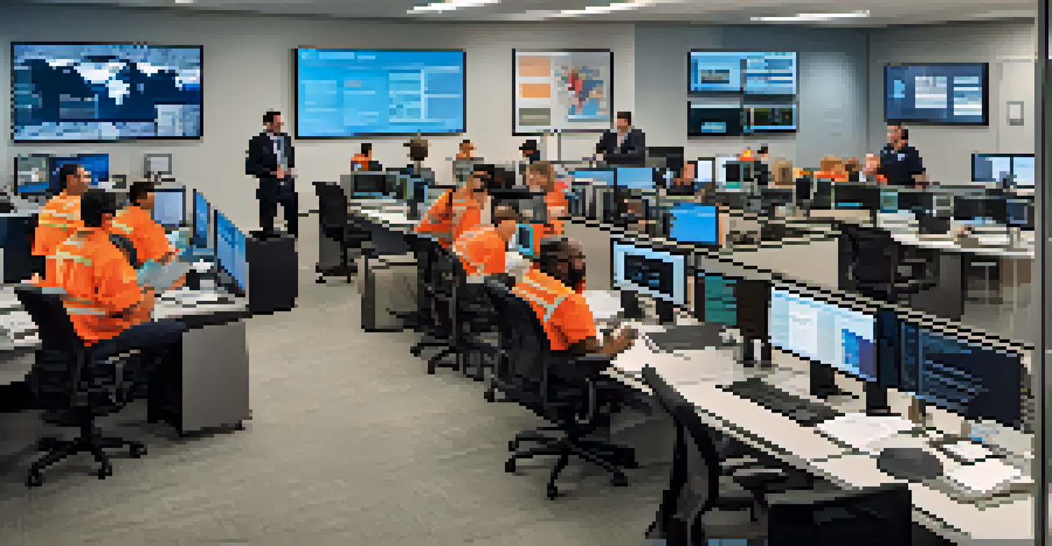 A diverse emergency management team in an office planning crisis communication strategies, surrounded by high-tech screens and data displays.