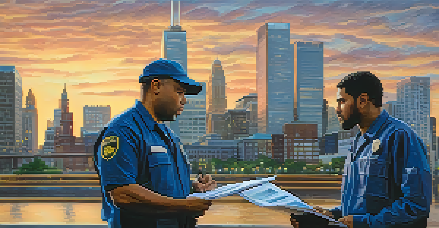 A mental health crisis intervention team discussing a plan in front of a city building, showcasing compassion and urgency against a city skyline.