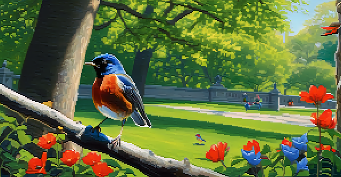 A spring scene in Central Park featuring blooming flowers, greenery, and an American Robin perched on a branch with Eastern Bluebirds in the background.