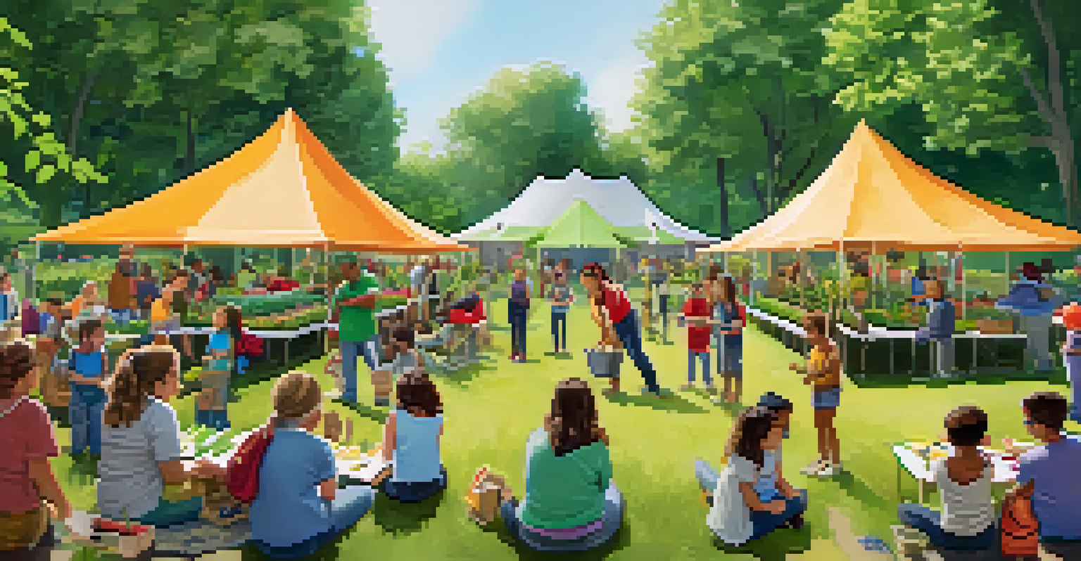 A community gardening workshop in a park, with people learning about plants and sustainability.