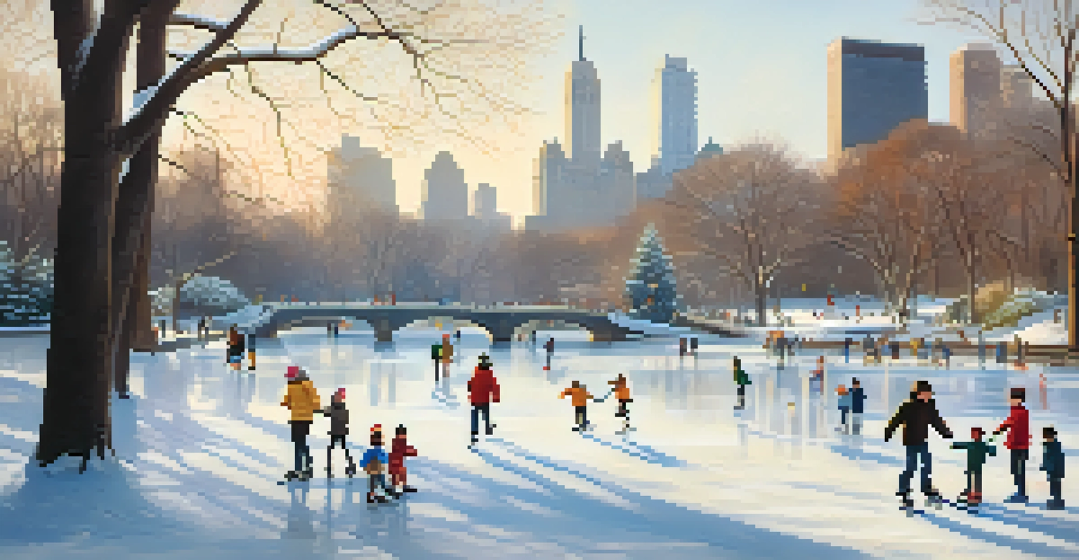 A winter morning in Central Park with families ice skating on a frozen pond, surrounded by snow-covered trees and sunlight casting a warm glow.