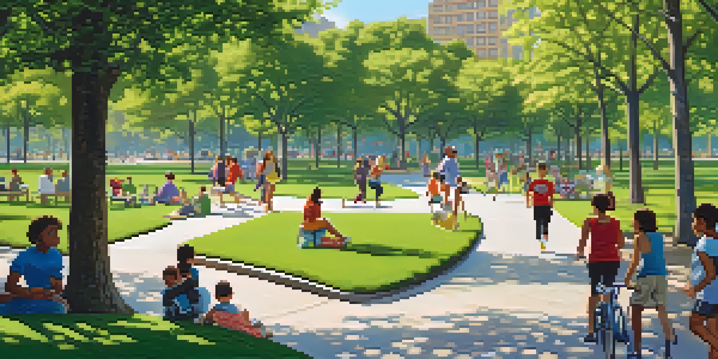A colorful urban park in New York City with people jogging, picnicking, and children playing, surrounded by greenery and flowers, under a bright blue sky.
