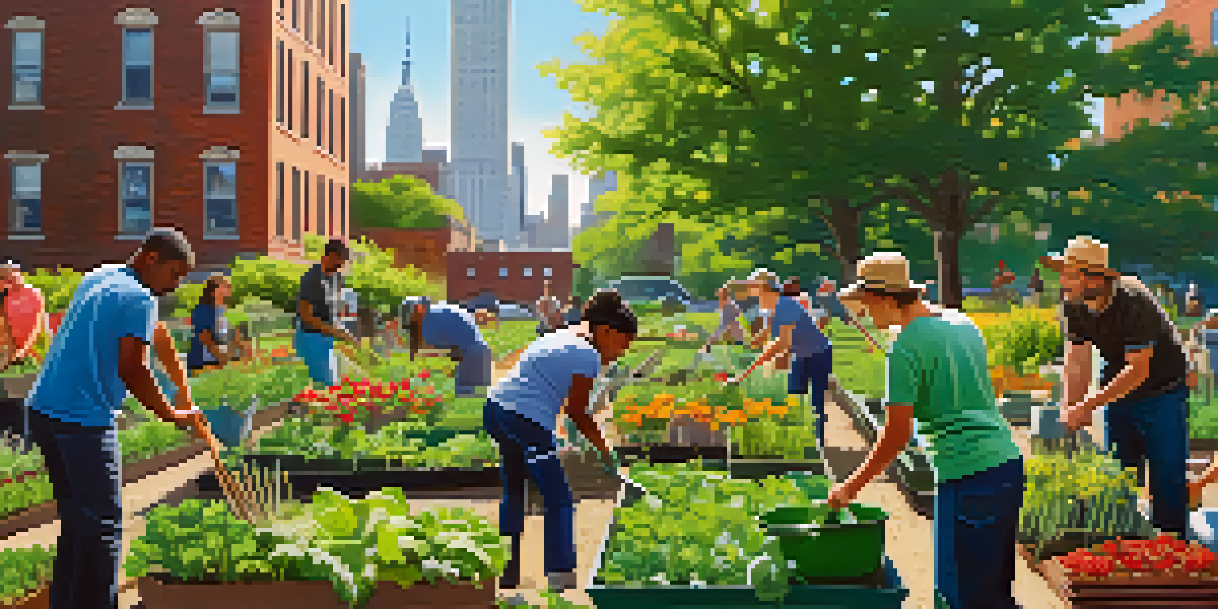 A diverse group of volunteers working together in a community garden, planting flowers and vegetables under sunlight with a city skyline in the background.
