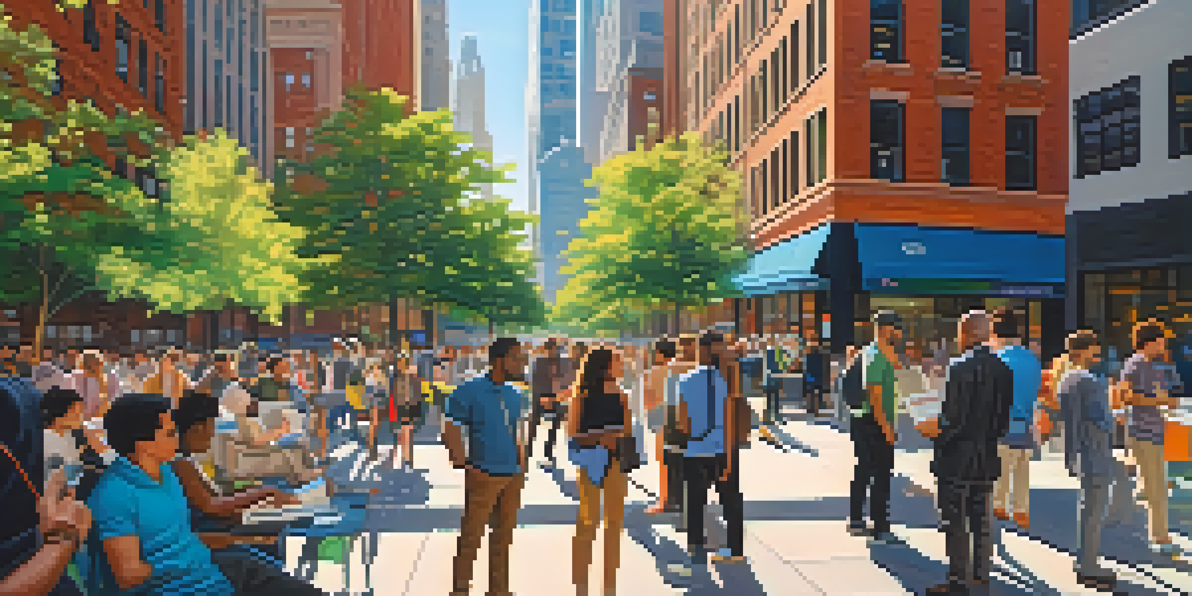 A lively street in New York City filled with diverse tech professionals collaborating near a modern co-working space, with skyscrapers and art in the background.