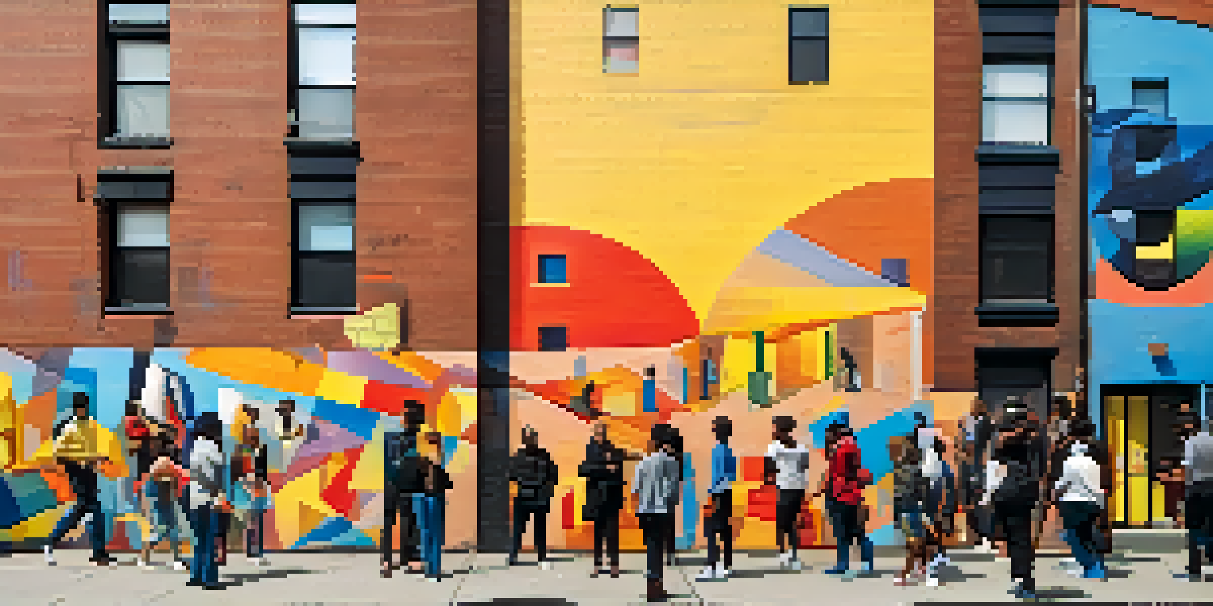 A lively street scene in Bushwick with a colorful mural and diverse people admiring it under golden sunlight.