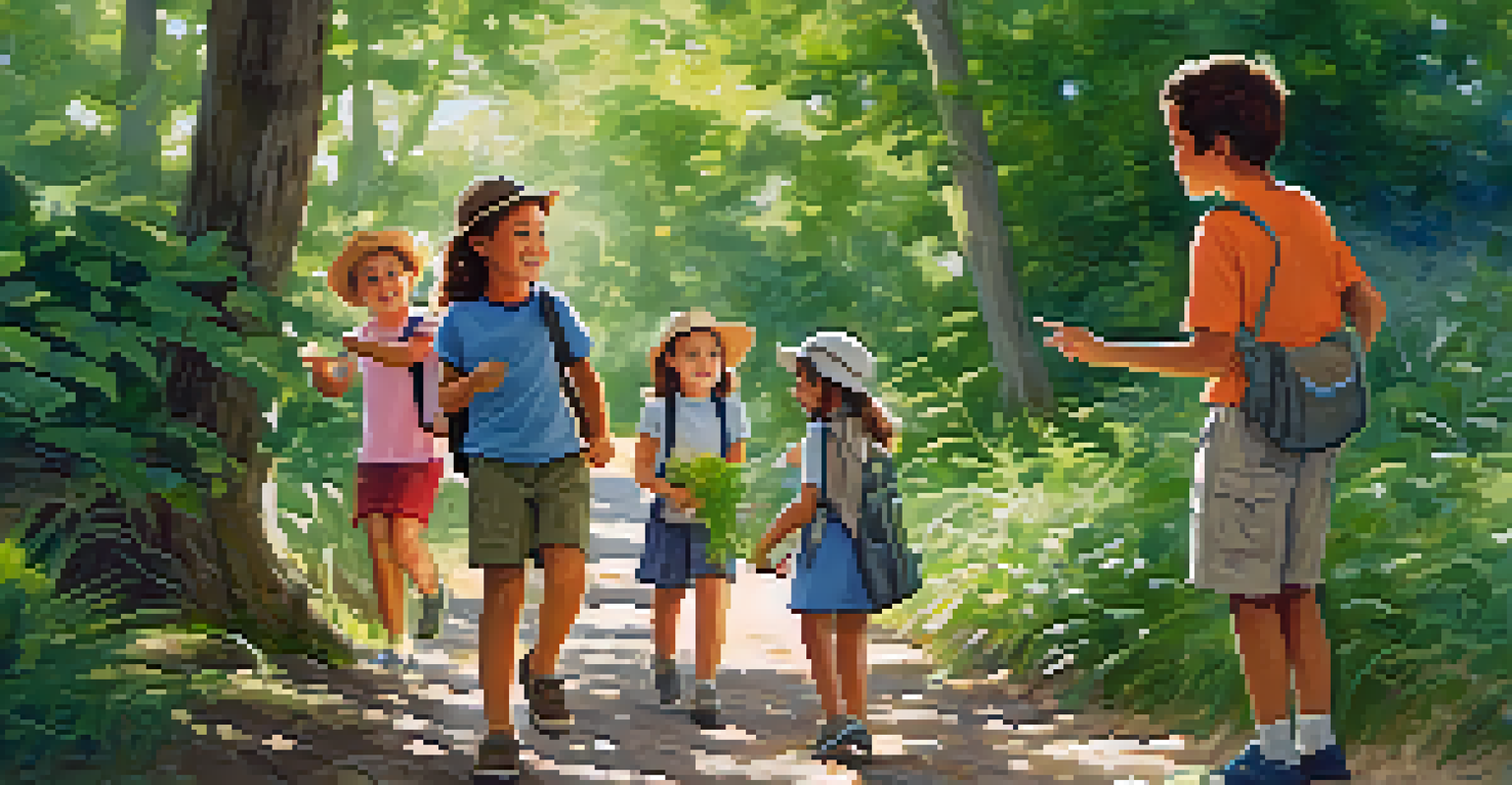 A park steward leading children on a nature scavenger hunt in a sunny city park, surrounded by trees and colorful flowers.