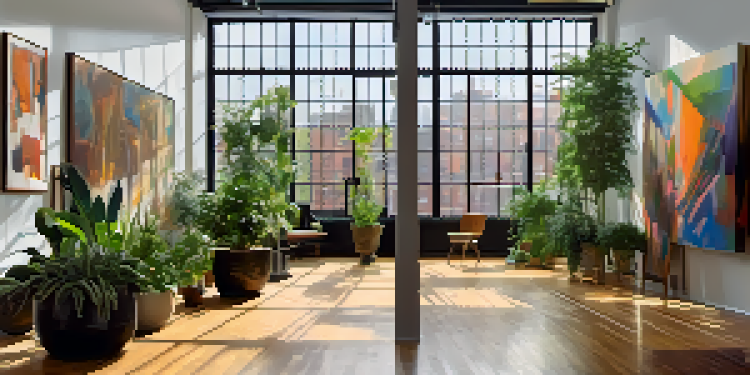 A bright and lively contemporary art gallery with abstract paintings, natural light, and diverse visitors engaging with the artwork.
