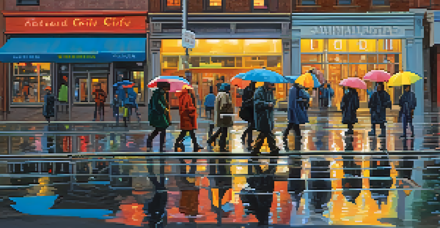 A flooded New York City street with people navigating the water, storefront lights reflecting off the surface, and emergency services in the background.