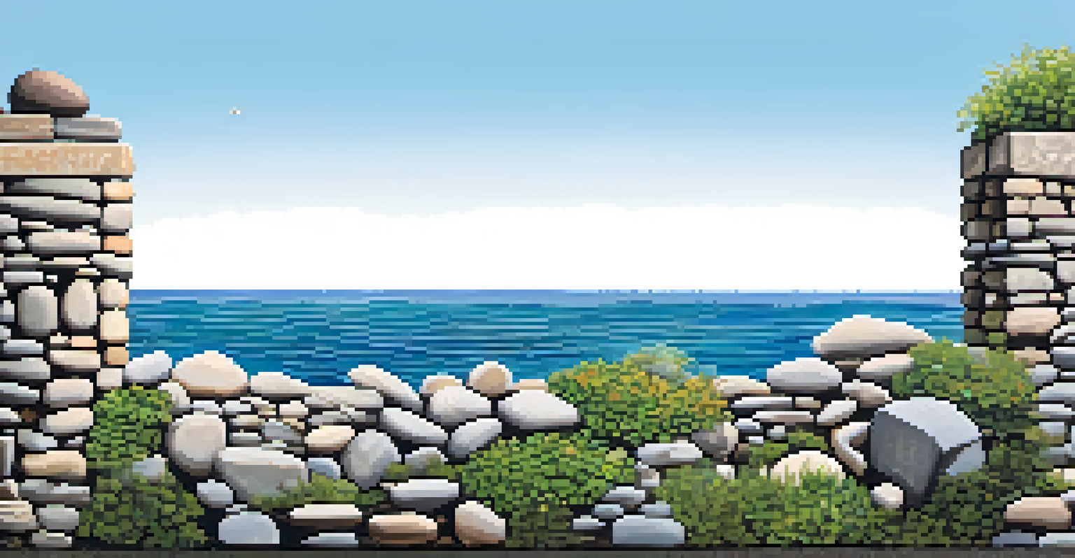 Close-up view of a nature-based flood barrier made of rocks and plants, with waves lapping against it under a clear blue sky.