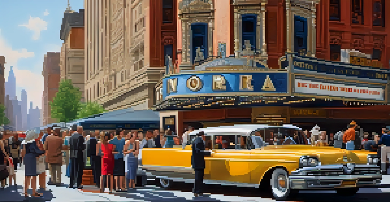 A lively street scene outside a historical theater in New York City, with diverse people conversing and the theater's architectural details visible.