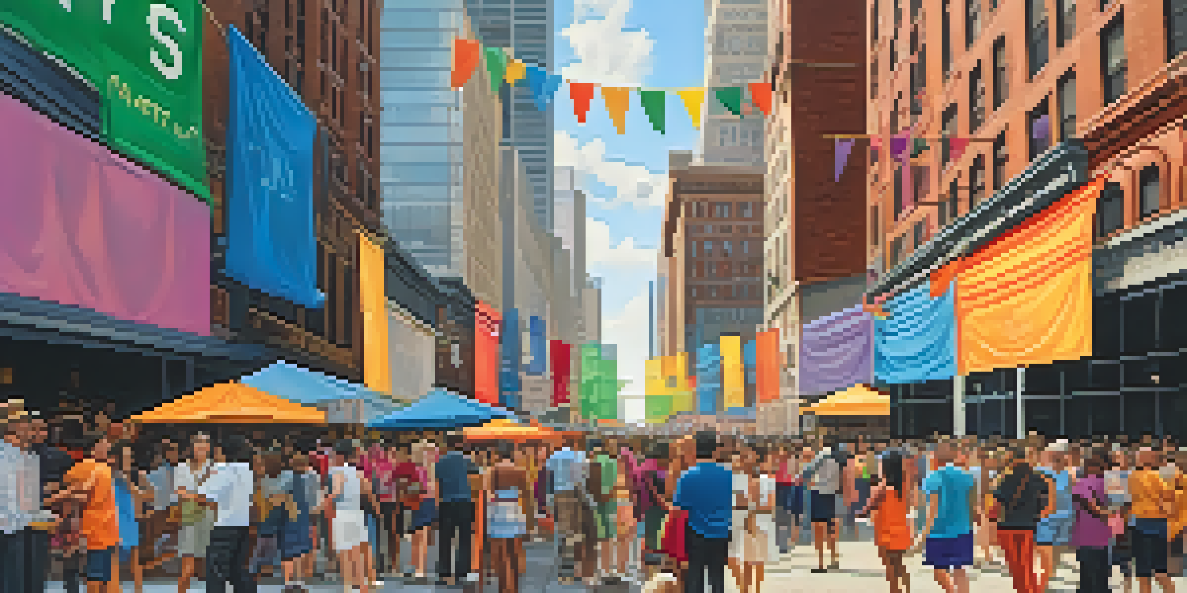 A lively community event in New York City with diverse individuals interacting and promoting social justice, featuring colorful banners and the iconic skyline.