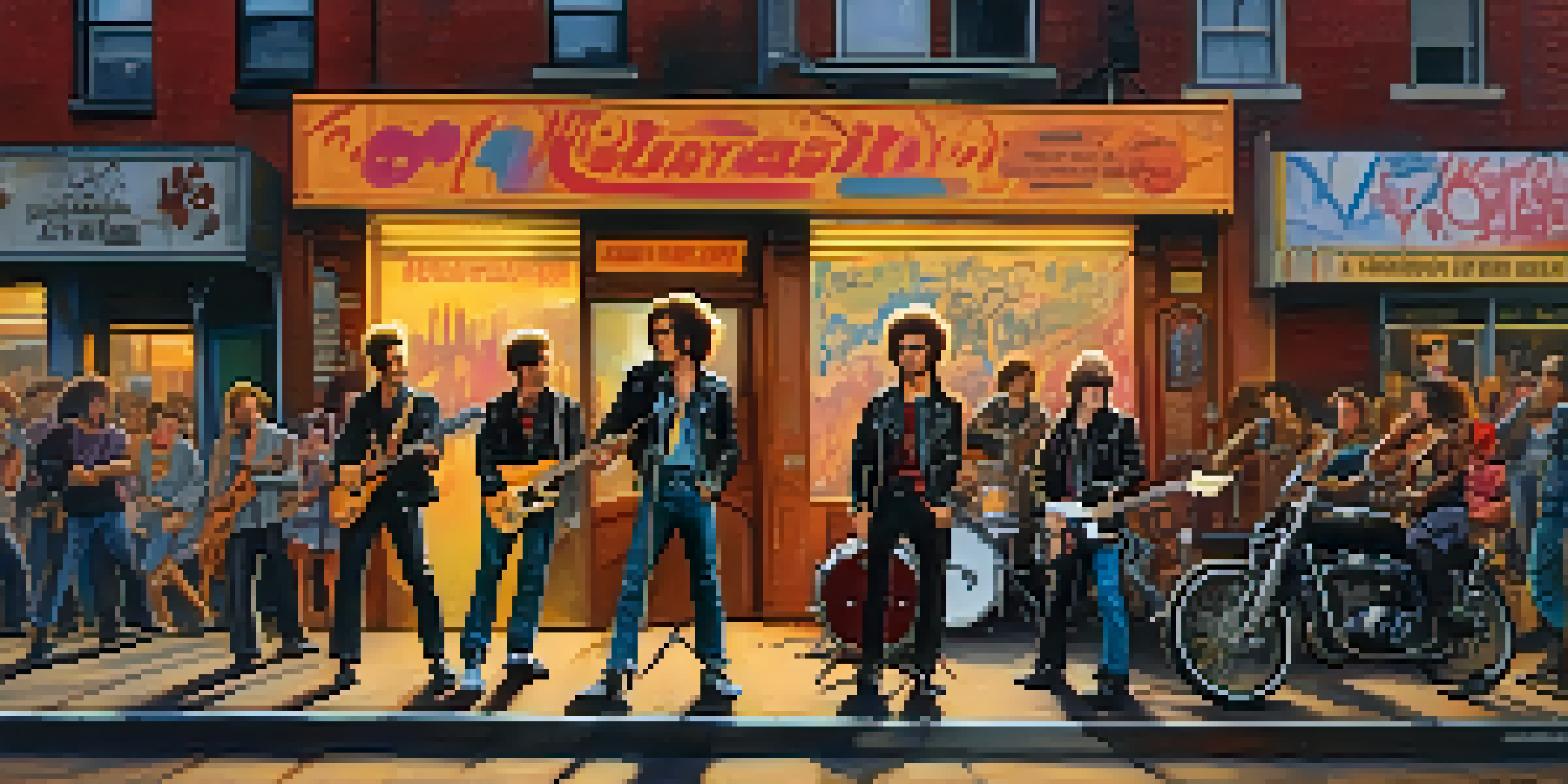 A group of punk musicians performing in 1970s NYC, dressed in leather jackets and colorful hairstyles amidst graffiti-covered walls, with dramatic sunset lighting.