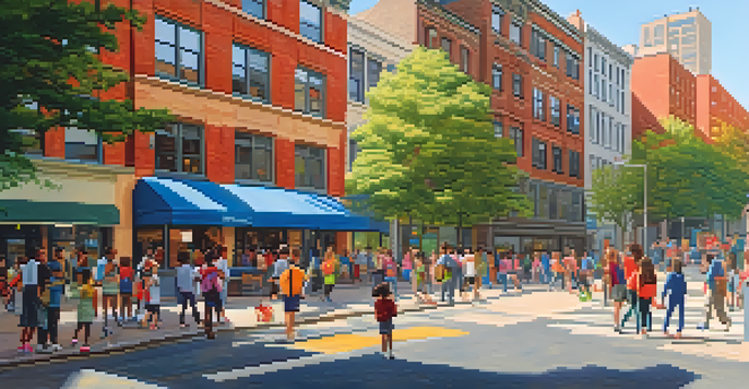 A lively New York City street scene featuring students and teachers outside a school, with colorful murals and trees in a sunny setting.