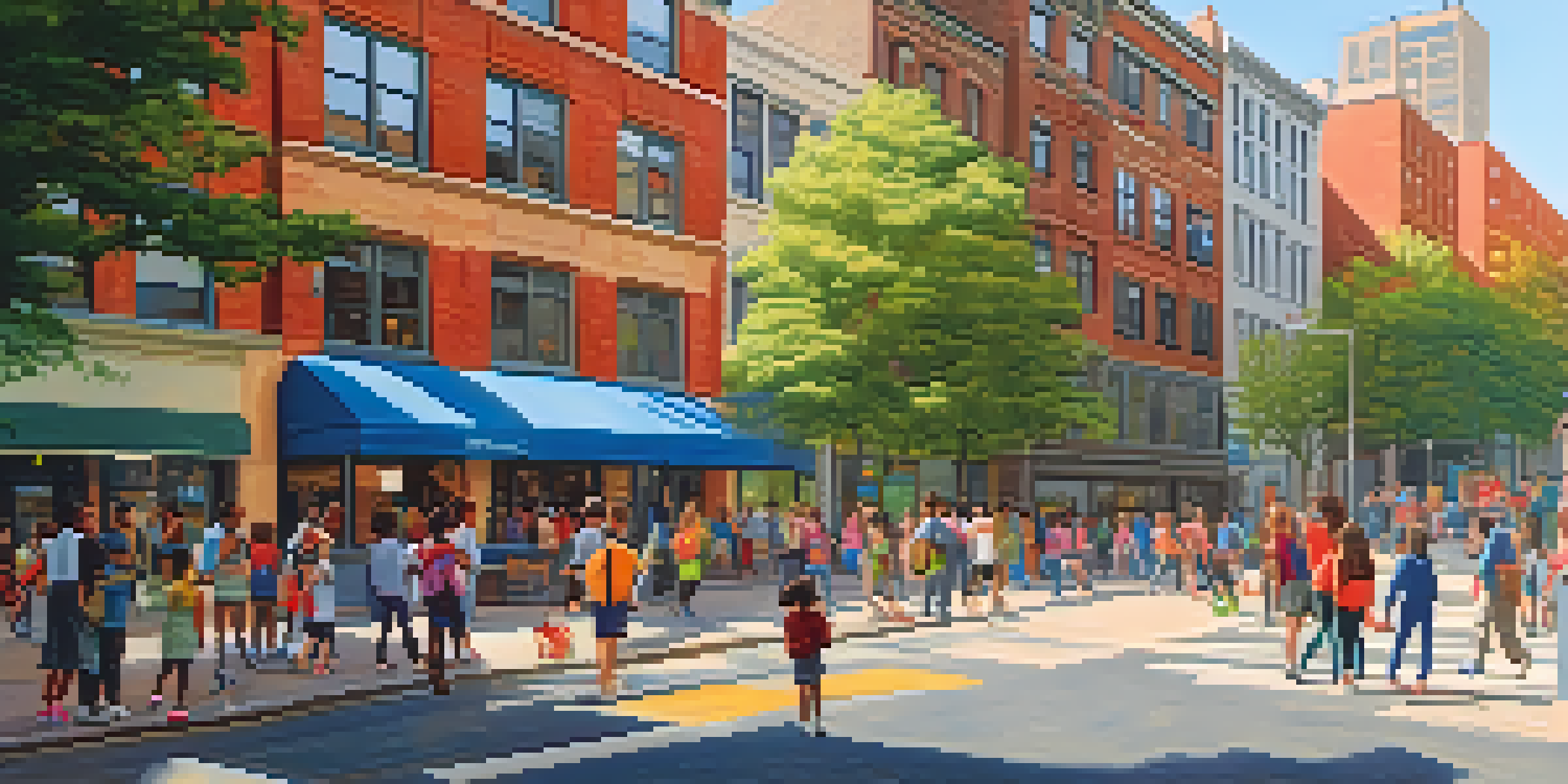 A lively New York City street scene featuring students and teachers outside a school, with colorful murals and trees in a sunny setting.