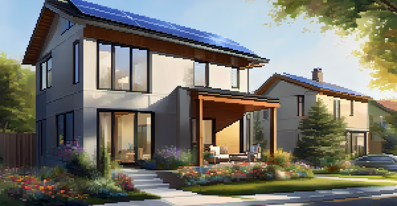 A modern home with solar panels in a green neighborhood, featuring a family enjoying their outdoor space.