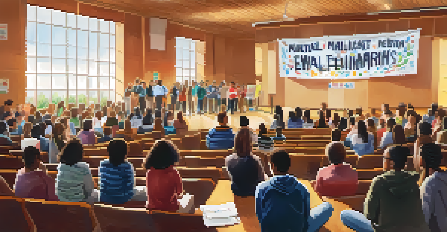 Parents and educators attending a community meeting in a school auditorium discussing mental health resources.