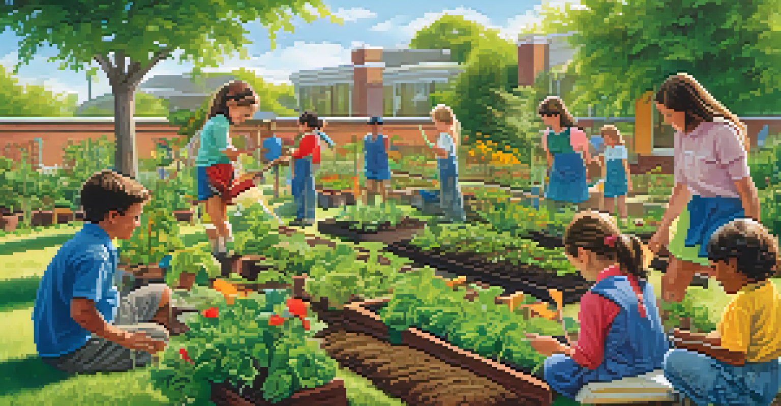 Students of different ages planting vegetables in a colorful outdoor school garden under a clear blue sky.