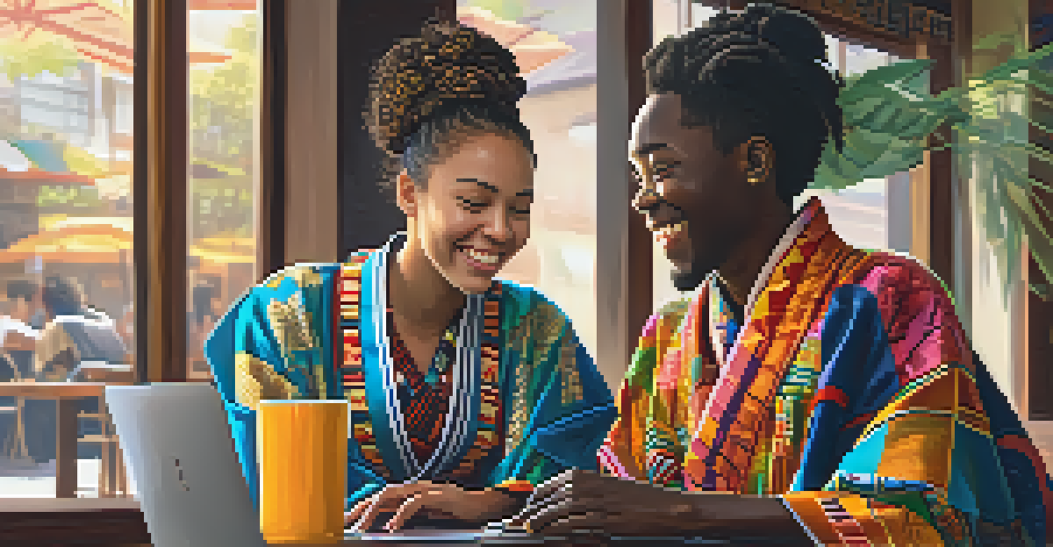 Two students from different cultures sharing a laptop in a café, one in a Japanese kimono and the other in an African dashiki, smiling and collaborating.