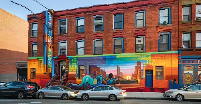 A colorful mural in Bushwick, Brooklyn, with people admiring it during sunset.