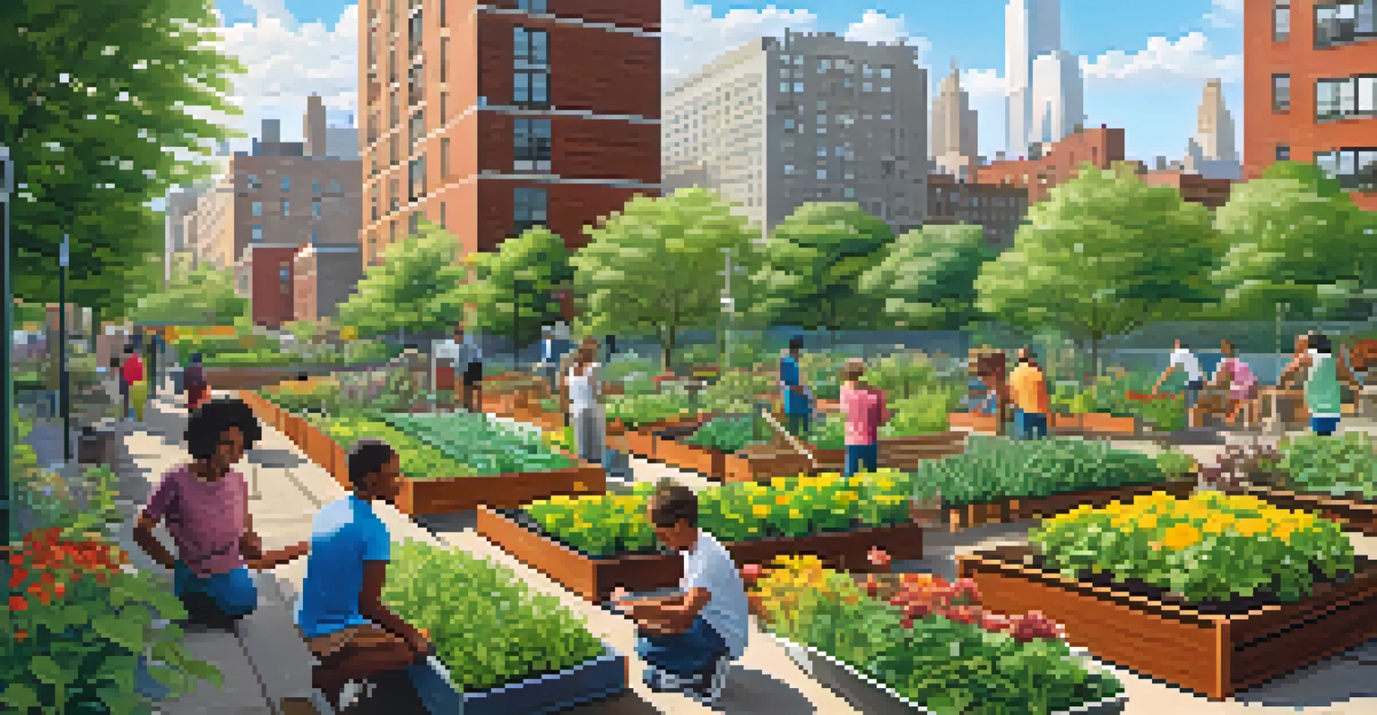 A vibrant community garden in NYC with people gardening amidst flowers and vegetables, with the city skyline in the background.