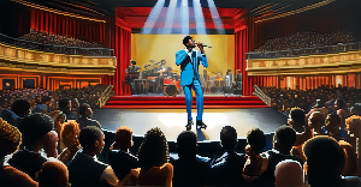 A modern artist performing on stage at the Apollo Theater, inspired by Motown music, with an engaged audience.