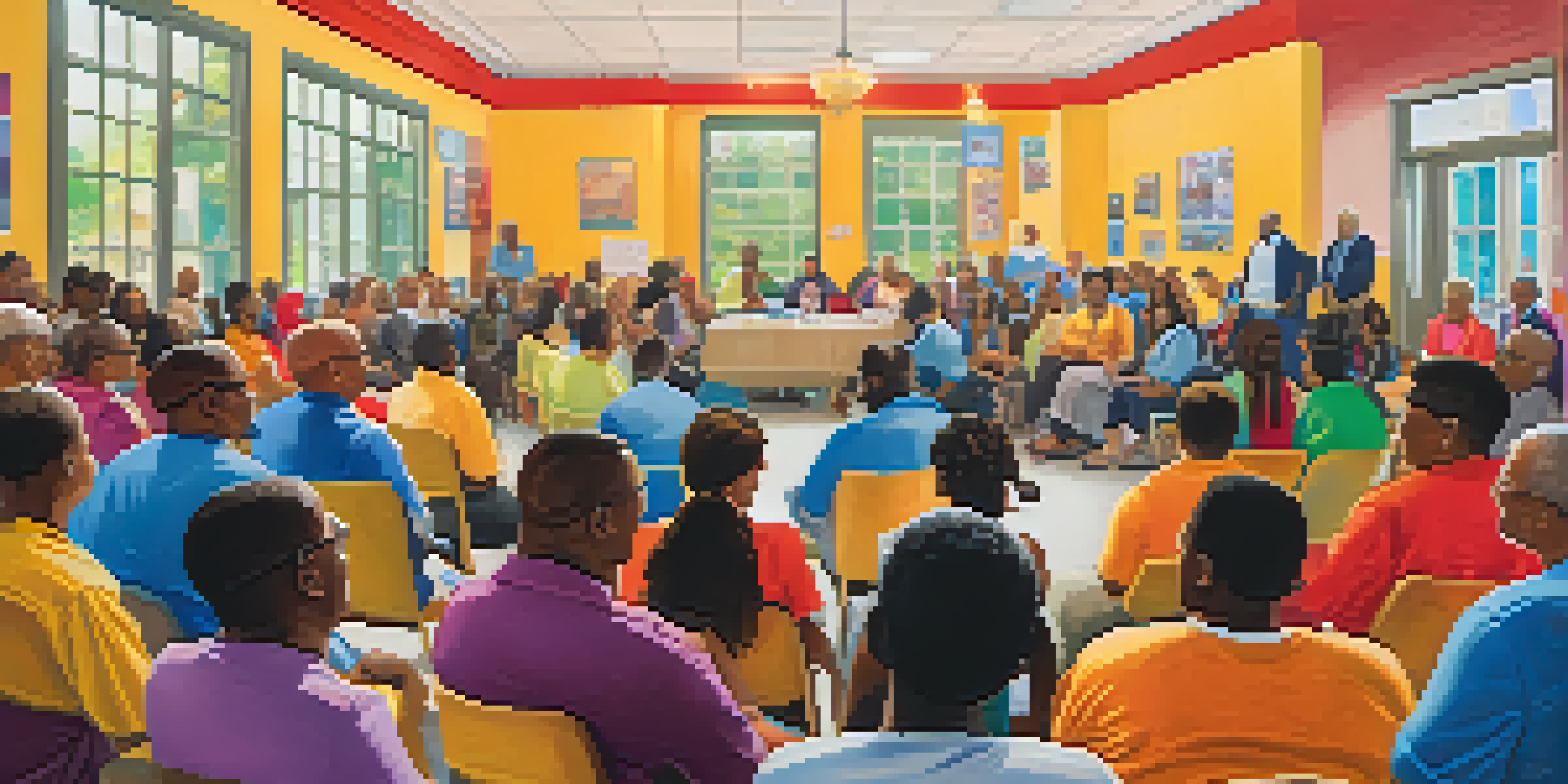 A diverse group of people in a town hall meeting, engaging in discussion about crisis management, with colorful posters in the background.