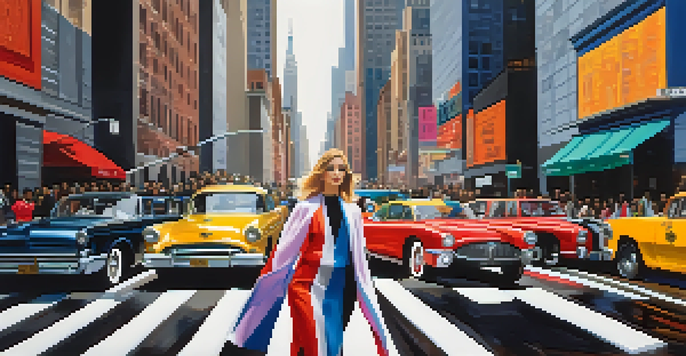 A lively street scene in New York City during Fashion Week, with models on the runway and iconic skyscrapers in the background.