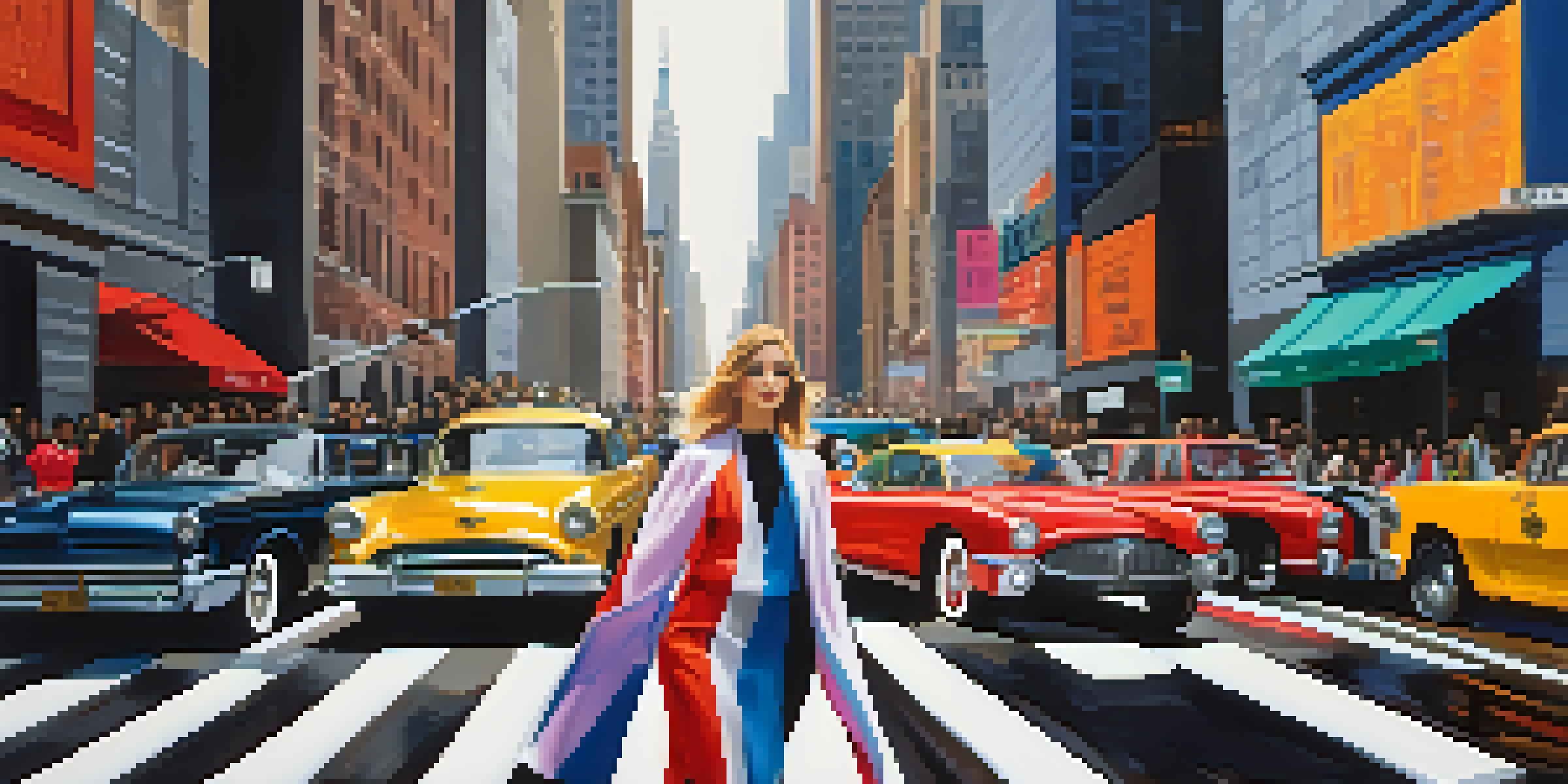 A lively street scene in New York City during Fashion Week, with models on the runway and iconic skyscrapers in the background.