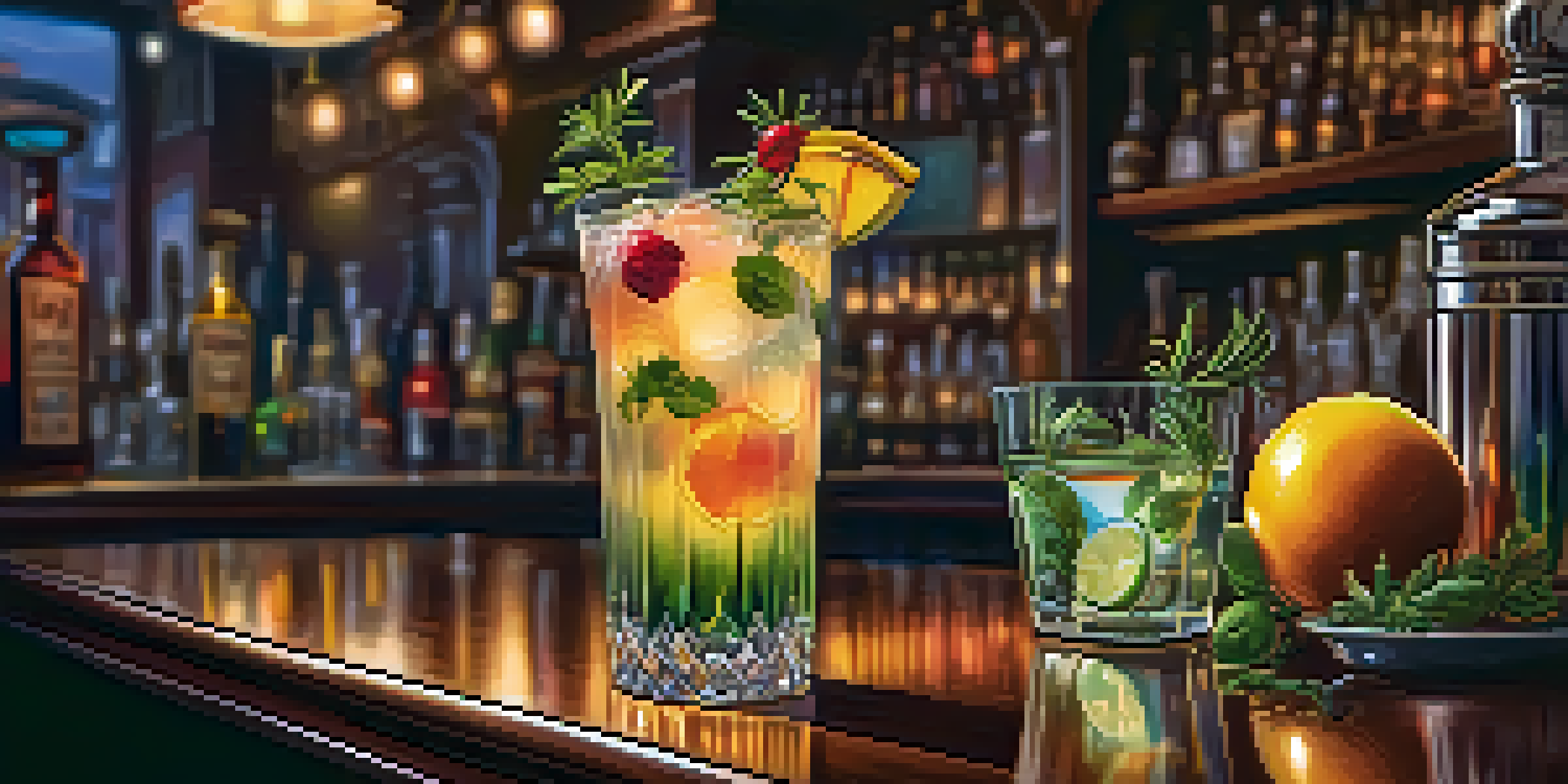 A cocktail with fresh herbs and fruits on a wooden bar in a dimly lit speakeasy atmosphere.