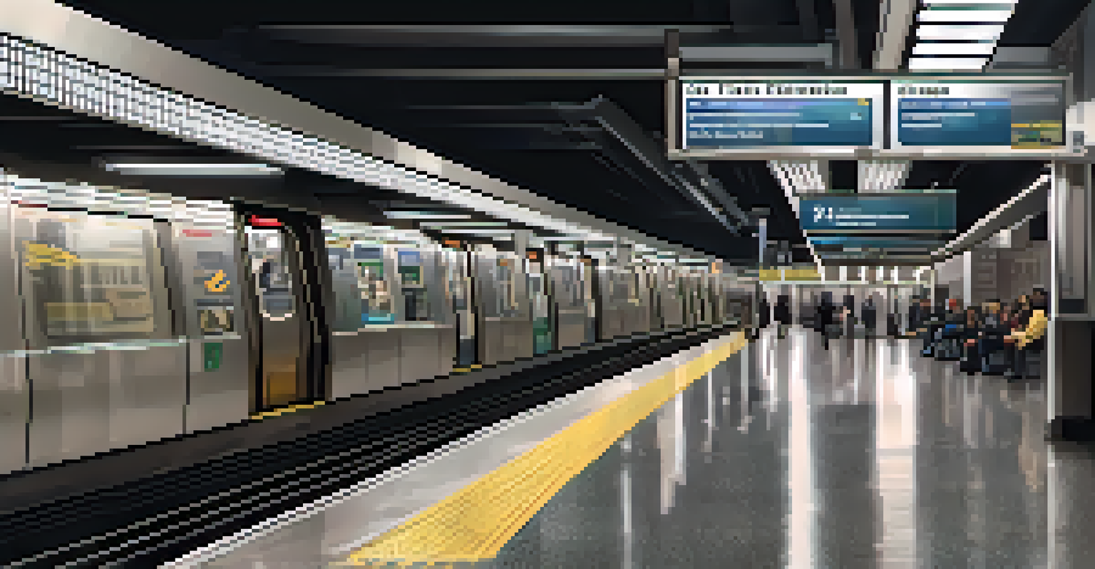 A modern subway station in New York City with upgraded infrastructure, clean lines, updated signage, and accessibility features, with passengers waiting for their train.