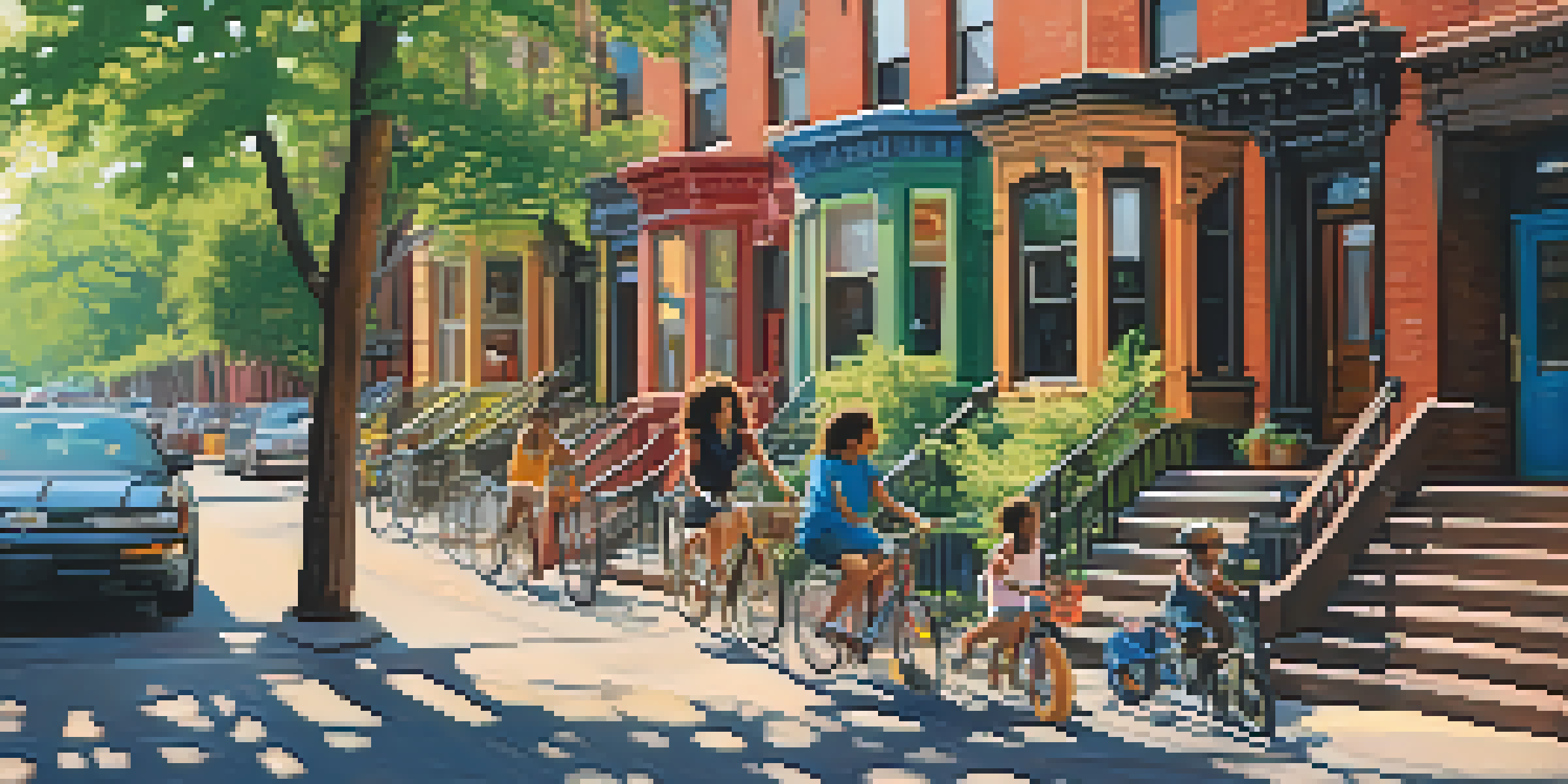 A lively street scene in Brooklyn, displaying colorful buildings, pedestrians, cyclists, and a park during late afternoon sunlight.