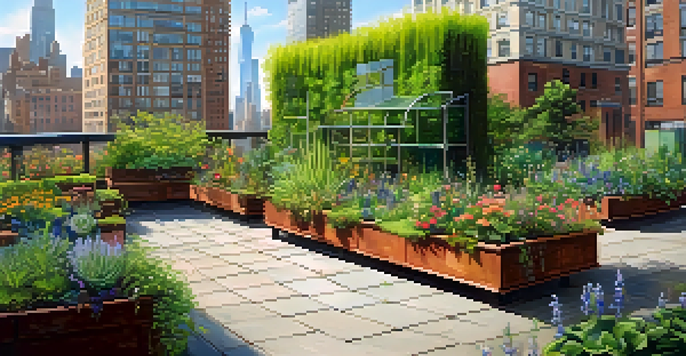A green roof garden filled with colorful plants and flowers, with butterflies and skyscrapers in the background.