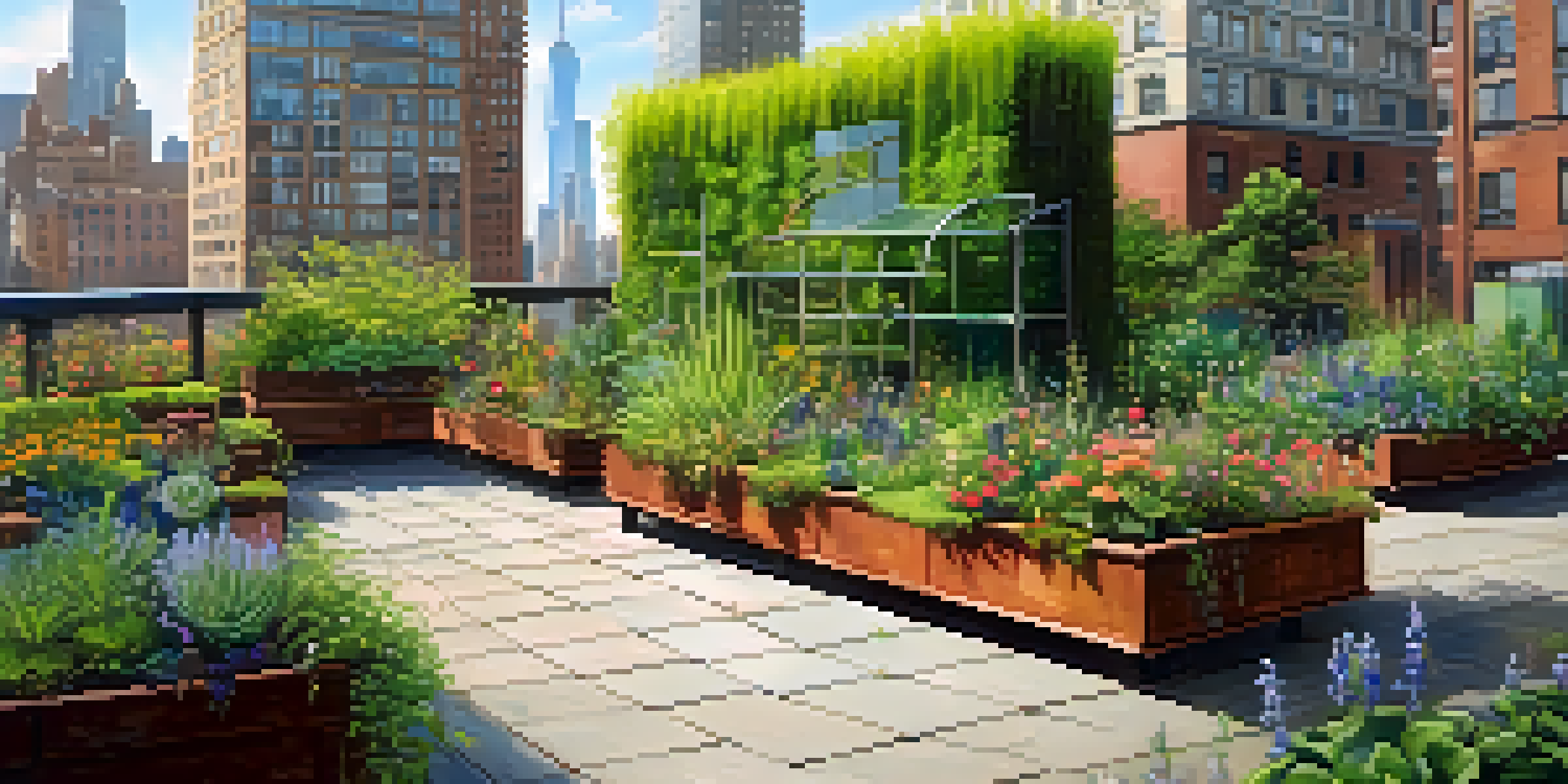 A green roof garden filled with colorful plants and flowers, with butterflies and skyscrapers in the background.