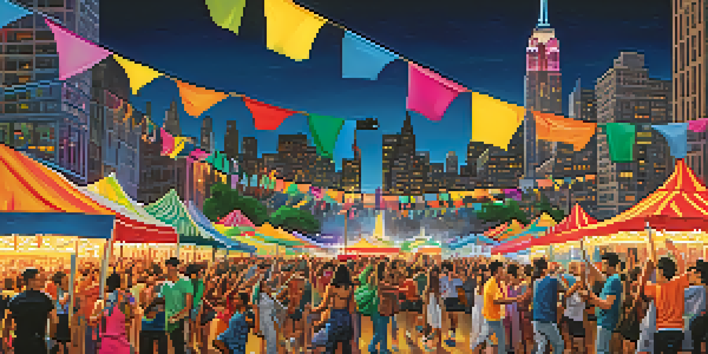 A lively outdoor music festival in NYC with diverse people dancing, colorful banners, and a skyline in the background.