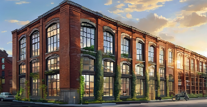 An old factory converted into stylish loft apartments with large windows and urban art, illuminated by warm golden hour light.