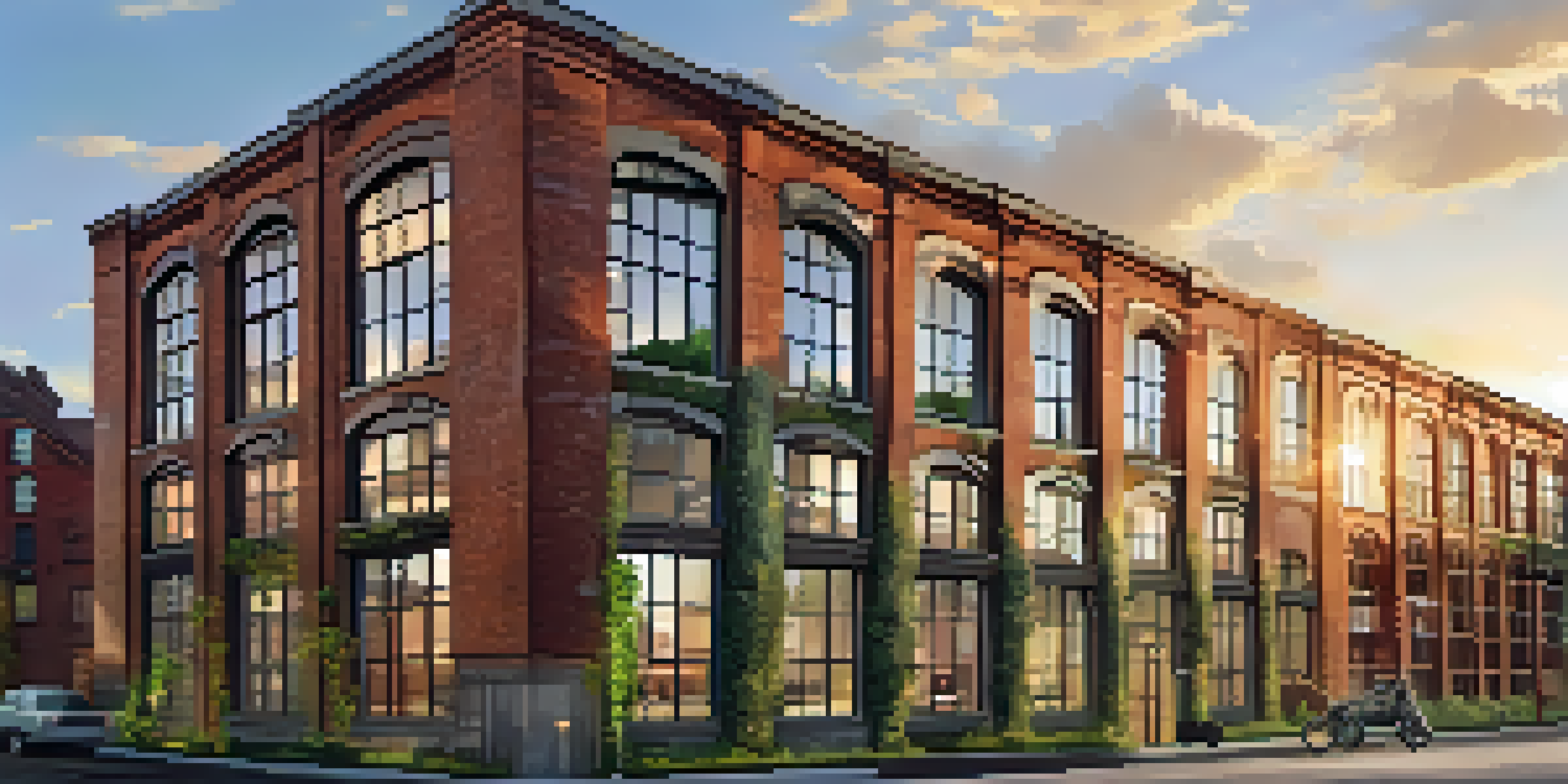 An old factory converted into stylish loft apartments with large windows and urban art, illuminated by warm golden hour light.