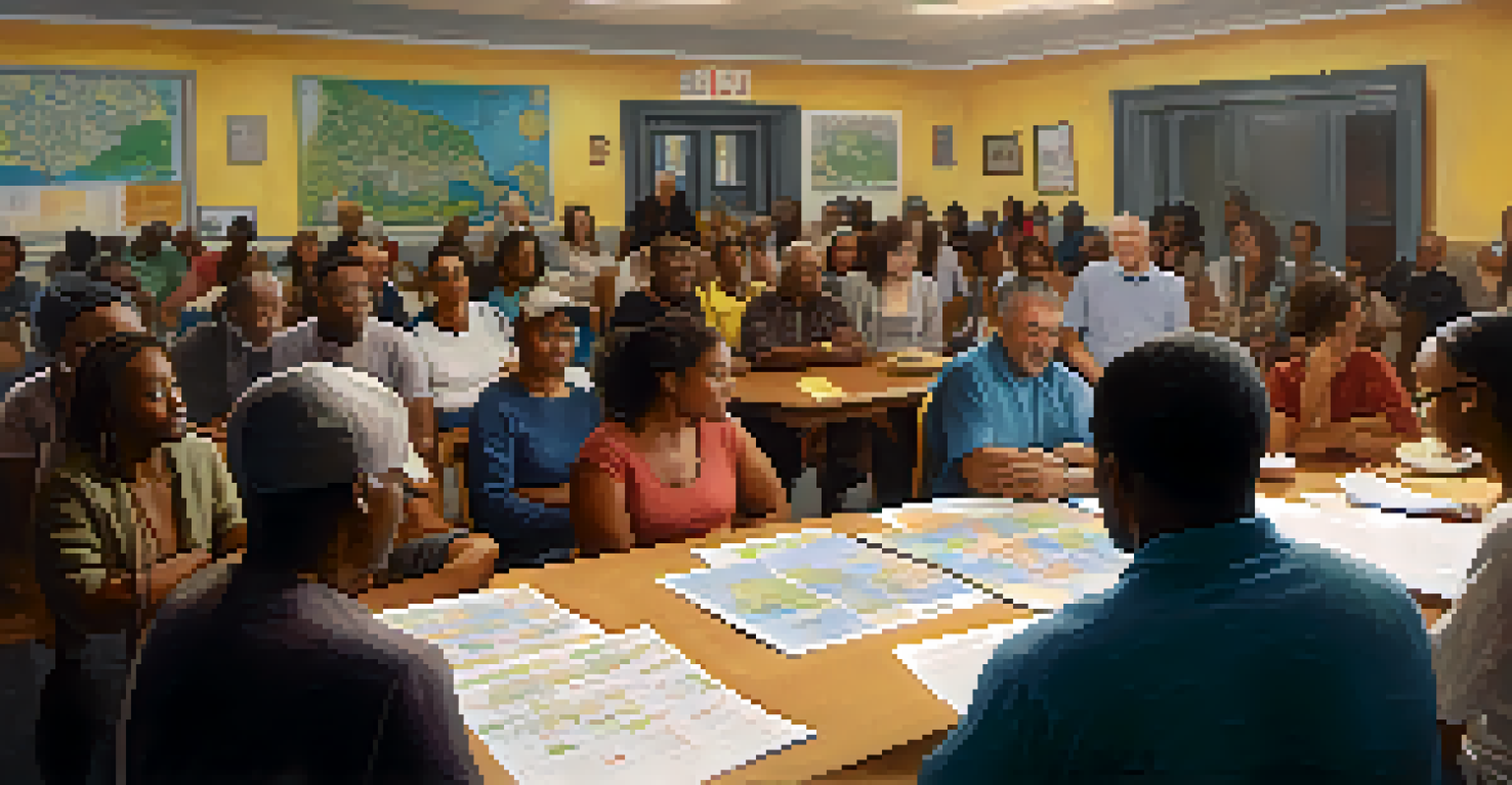 A diverse group of residents in a community center discussing affordable housing solutions during a meeting.