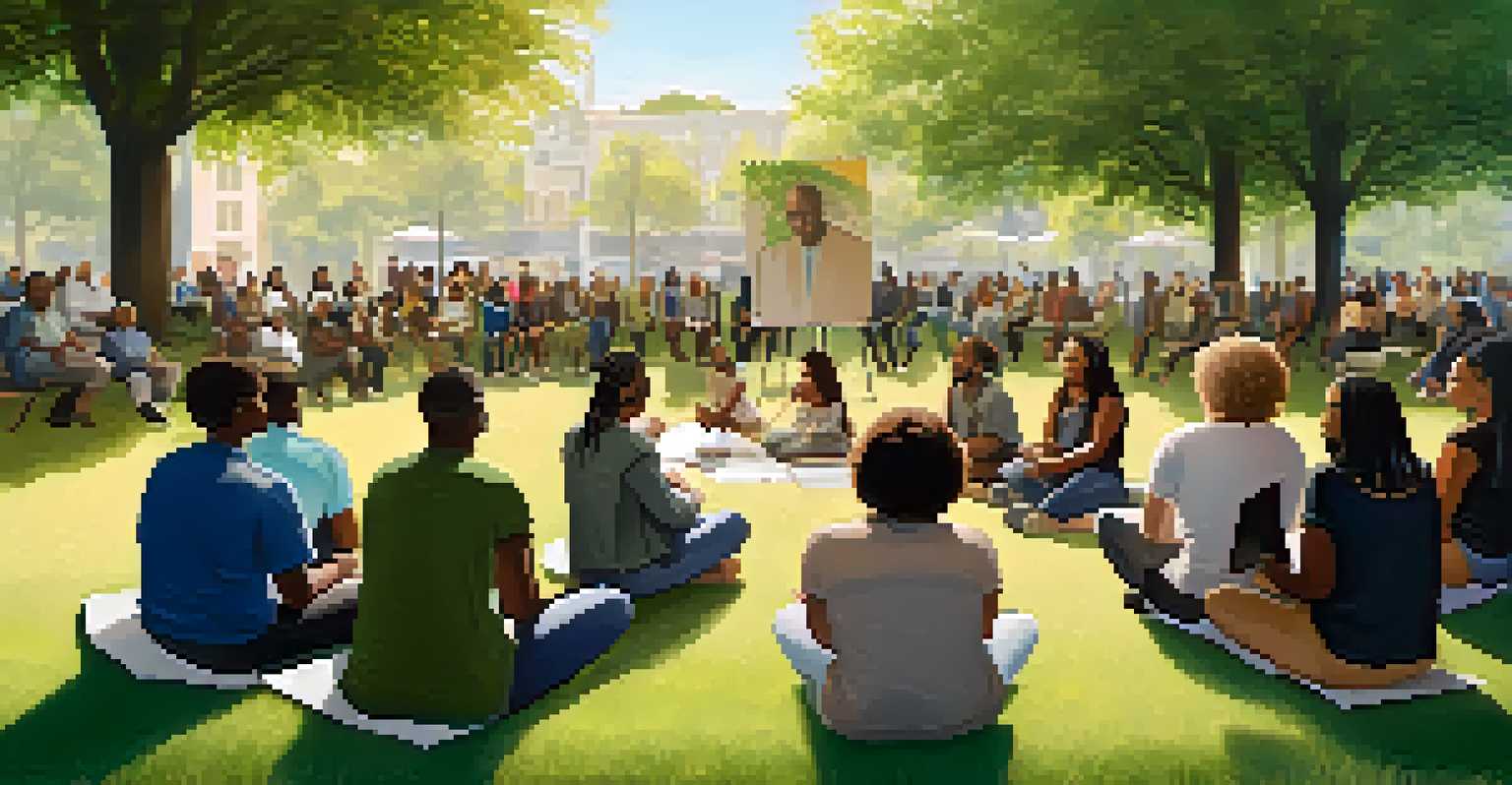 A diverse group of people sitting in a circle at a park, engaged in a workshop on racial justice with a flip chart in view.