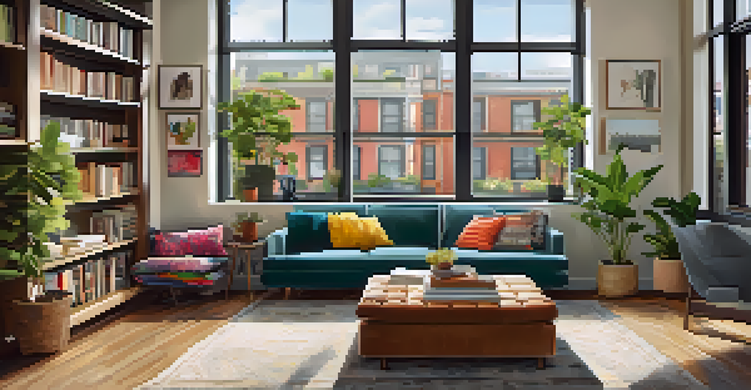 A cozy living room in a modern Astoria apartment, filled with natural light, plants, and a stylish mix of decor.