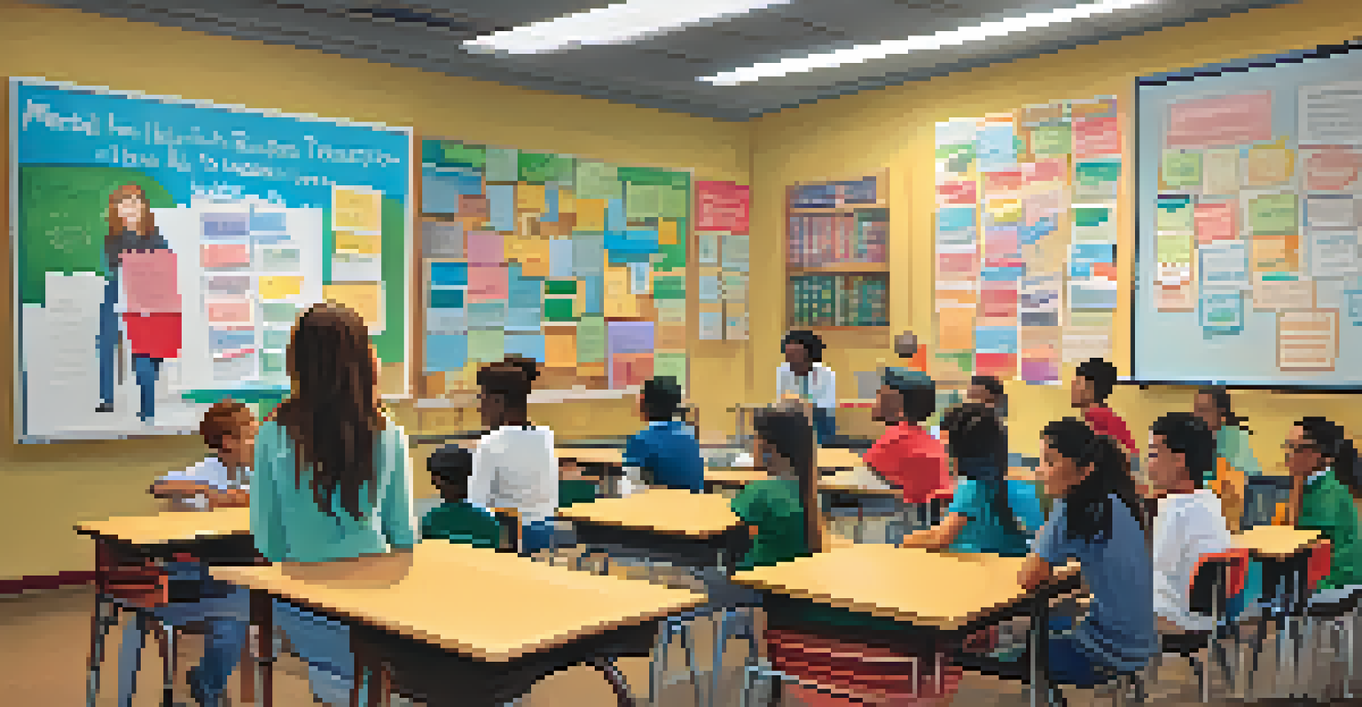A classroom workshop on mental health awareness with a teacher and engaged students, surrounded by informative posters.