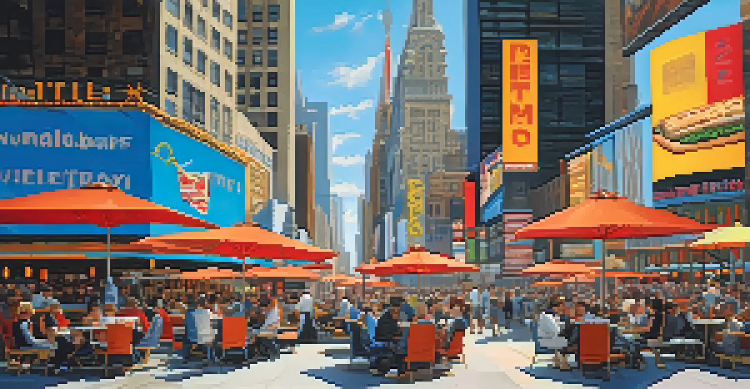 A bright afternoon in Times Square with people enjoying the pedestrian plaza, surrounded by theaters and food vendors under a clear sky.