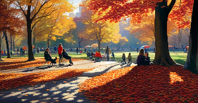 A peaceful autumn scene in Central Park with people enjoying the outdoors surrounded by colorful trees and a reflective lake.