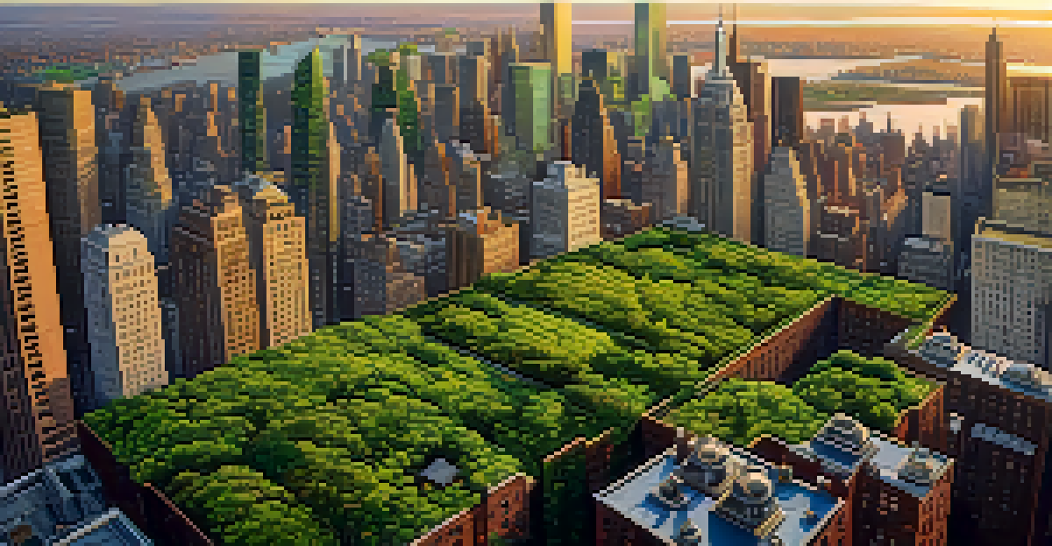 Aerial view of New York City showing green rooftops and parks during sunset.